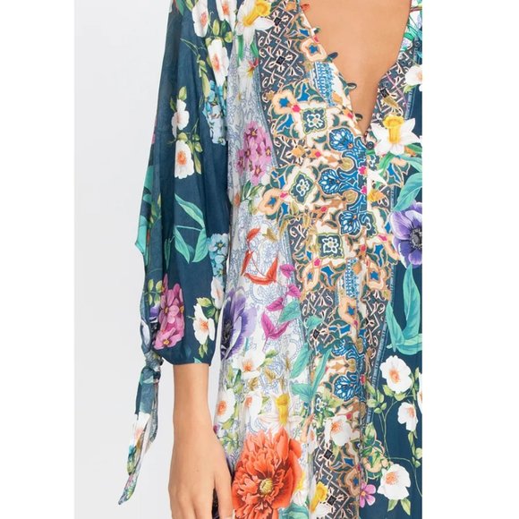 Johnny Was Sunrise Surf Swim Resort Cover Up Long Dress V Neck Flower Blue NEW - Picture 7 of 10